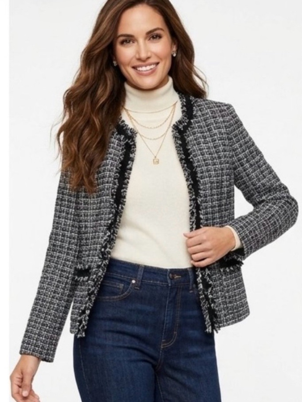 Kasper Black & White with a slight shimmer Thread Tweed Blazer with Fringe Trim